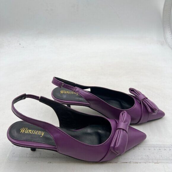 Womens Bow Knot Pointed Toe Pumps Slingback Kitten Heel Sandals ,Purple Shoes - Picture 3 of 7